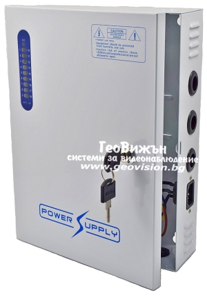Захранващ блок с метална кутия CV-PSU-DC121812: 96-264 V AC - 12 V DC, 12 A/144 W, 18 изхода със самовъзстановяващи се предпазители по 0.6 А/7 W и LED индикация на всеки канал