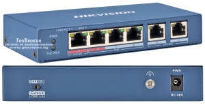 HIKVISION DS-3E0106HP-E: 6 портов суич с 4 x 10/100 Mbps PoE порта + 2 x 10/100 Mbps RJ45 uplink порта. До 30 W на порт 2-4. Hi-PoE 60W на порт 1. Общ PoE капацитет 60 W