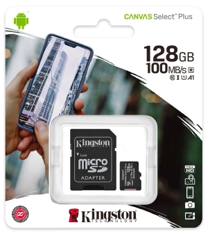 MicroSDHC карта памет: Kingston 128 GB Canvas Select Plus със SD адаптер. Class 10 UHS U1, скорост на четене 100 MB/s, скорост на запис 10 MB/s