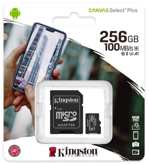 MicroSDHC карта памет: Kingston 256 GB Canvas Select Plus със SD адаптер. Class 10 UHS U3, скорост на четене 100 MB/s, скорост на запис 85 MB/s