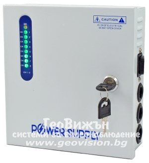 Захранващ блок с метална кутия CV-PSU-DC120805: 96-264 V AC - 12 V DC, 5 A/60 W, 8 изхода със самовъзстановяващи се предпазители по 0.6 А/7 W и LED индикация на всеки канал