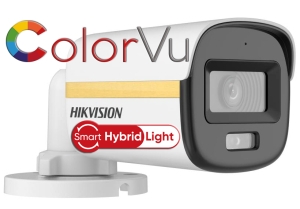 HD-TVI/AHD/CVI/CVBS камера HIKVISION DS-2CE10DF3T-LFS: 2 MPX, Smart Hybrid Light бяло LED осветление ColorVu и инфрачервено осветление до 20 метра, микрофон с Audio Over Coaxial, обектив 3.6 mm