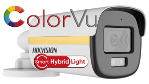 HD-TVI/AHD/CVI/CVBS камера HIKVISION DS-2CE12DF3T-LFS: 2 MPX, Smart Hybrid Light бяло LED осветление ColorVu и инфрачервено осветление до 40 метра, микрофон с Audio Over Coaxial, обектив 3.6 mm