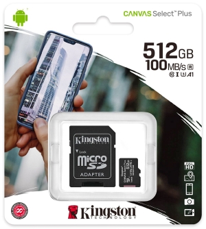 MicroSDXC карта памет: Kingston 512 GB Canvas Select Plus със SD адаптер. Class 10 UHS U3, скорост на четене 100 MB/s, скорост на запис 85 MB/s
