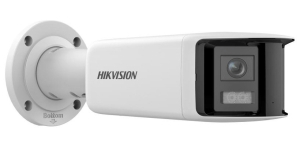 Широкоъгълна 180 градуса мрежова IP камера HIKVISION DS-2CD2T46G2P-ISU/SL(C): 4 MPX, AcuSense алгоритми, инфрачервено осветление до 40 метра, 2 обектива 2.8 mm, микрофон, алармена светлина и говорител