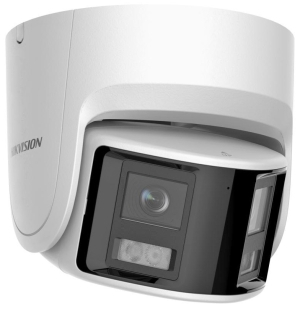 Широкоъгълна 180 градуса мрежова IP камера HIKVISION DS-2CD2346G2P-ISU/SL: 4 MPX, AcuSense алгоритми, инфрачервено осветление до 30 метра, 2 обектива 2.8 mm, микрофон, алармена светлина и говорител