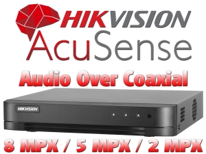 8 канален бюджетен 4K AcuSense цифров видеорекордер HIKVISION iDS-7208HUHI-M1/E(E). Поддържа 8 HD-TVI камери до 8 MPX + 8 IP камери до 8 MPX. С Audio Over Coaxial