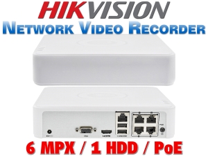 4 канален бюджетен IP мрежов видеорекордер HIKVISION: DS-7104NI-Q1/4P(D). С вградени 4 PoE порта. Поддържа 4 мрежови IP камери до 6 MPX. 1 SATA порт