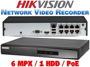 8 канален бюджетен IP мрежов видеорекордер HIKVISION: DS-7108NI-Q1/8P/M(D). С вградени 8 PoE порта. Поддържа 8 мрежови IP камери до 6 MPX. 1 SATA порт