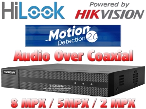 8 канален бюджетен цифров видеорекордер HiLook DVR-208U-M1. Поддържа 8 HD-TVI камери до 8 MPX + 8 IP камери до 8 MPX. Motion Detection 2.0 алгоритъм и Audio Over Coaxial