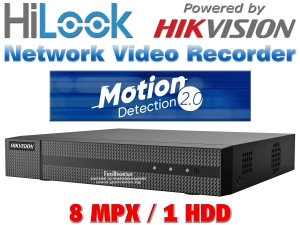 8 канален бюджетен IP мрежов видеорекордер HiLook: NVR-108MH-C. Поддържа 8 мрежови IP камери до 8 MPX. Deep Learning алгоритъм за разпознаване и класификация на хора и превозни средства на 4 канала