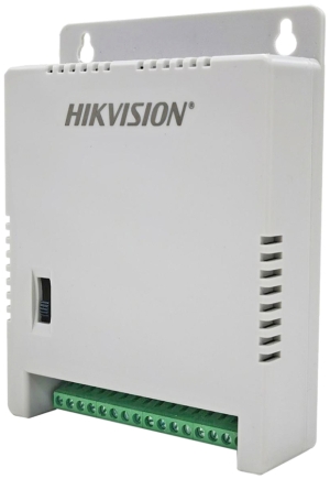 8 канален захранващ блок HIKVISION DS-2FA1205-C8: 150-285 V AC - 12V/13.5C/15V DC, 5 A/60 W, 8 изхода със самовъзстановяващи се предпазители по 1 А/12 W и LED индикация на всеки канал