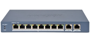 HIKVISION DS-3E0310P-E/M(B): 10 портов суич с 8 x 10/100 Mbps PoE порта + 2 x 10/100/1000 Mbps RJ45 uplink порта. До 30 W на порт. Общ PoE бюджет 80 W