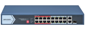 HIKVISION DS-3E0318P-E/M(C): 18 портов суич с 16x10/100 Mbps PoE порта + 1x10/100/1000 Mbps RJ45 uplink порт + 1x10/100/1000 Mbps RJ45 combo порт (RJ45 и SFP). Общ PoE бюджет 130 W