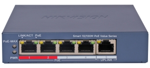 HIKVISION DS-3E1105P-EI/M V2: Управляем 5 портов суич с 4 x 10/100 Mbps PoE порта + 1 x 10/100 Mbps uplink порт. До 30 W на порт. Общ PoE бюджет 45 W