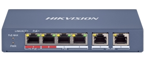 HIKVISION DS-3E1106HP-EI: Управляем 6 портов суич с 4 x 10/100 Mbps PoE порта + 1 x 10/100 Mbps uplink порт. Hi-PoE 60W на порт 1. До 30 W на портове 2 - 4. Общ PoE бюджет 60 W
