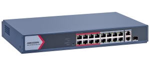 HIKVISION DS-3E1318P-EI/M : Управляем 18 портов суич с 16x10/100 Mbps PoE порта + 1x10/100/1000 Mbps RJ45 uplink порт + 1x10/100/1000 Mbps RJ45 combo порт (RJ45 и SFP). Общ PoE бюджет 130 W