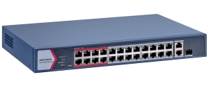 HIKVISION DS-3E1326P-EI/M : Управляем 26 портов суич с 24x10/100 Mbps PoE порта + 1x10/100/1000 Mbps RJ45 uplink порт + 1x10/100/1000 Mbps RJ45 combo порт (RJ45 и SFP). Общ PoE бюджет 230 W