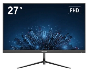 Монитор HIKVISION DS-D5027F3-2P2S: размер на екрана 27 инча, резолюция FullHD 1080p 1920x1080 при 100 Hz, IPS панел, HDMI и VGA видео входове, вградени високоговорители