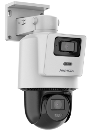 Въртяща двусензорна IP камера TandemVu HIKVISION DS-2SE2C400MWG-E1/14: 4 MPX, 2.8 и 8 mm обективи, Smart Hybrid Light комбинирано БЯЛО и инфрачервено осветление до 30 метра, микрофон и говорител